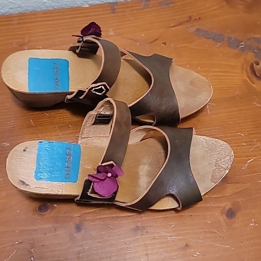 VINTAGE DIESEL WOMEN'S BROWN LEATHER AND WOOD BLOCK HEEL SANDAL SZ 6 - Picture 2 of 9